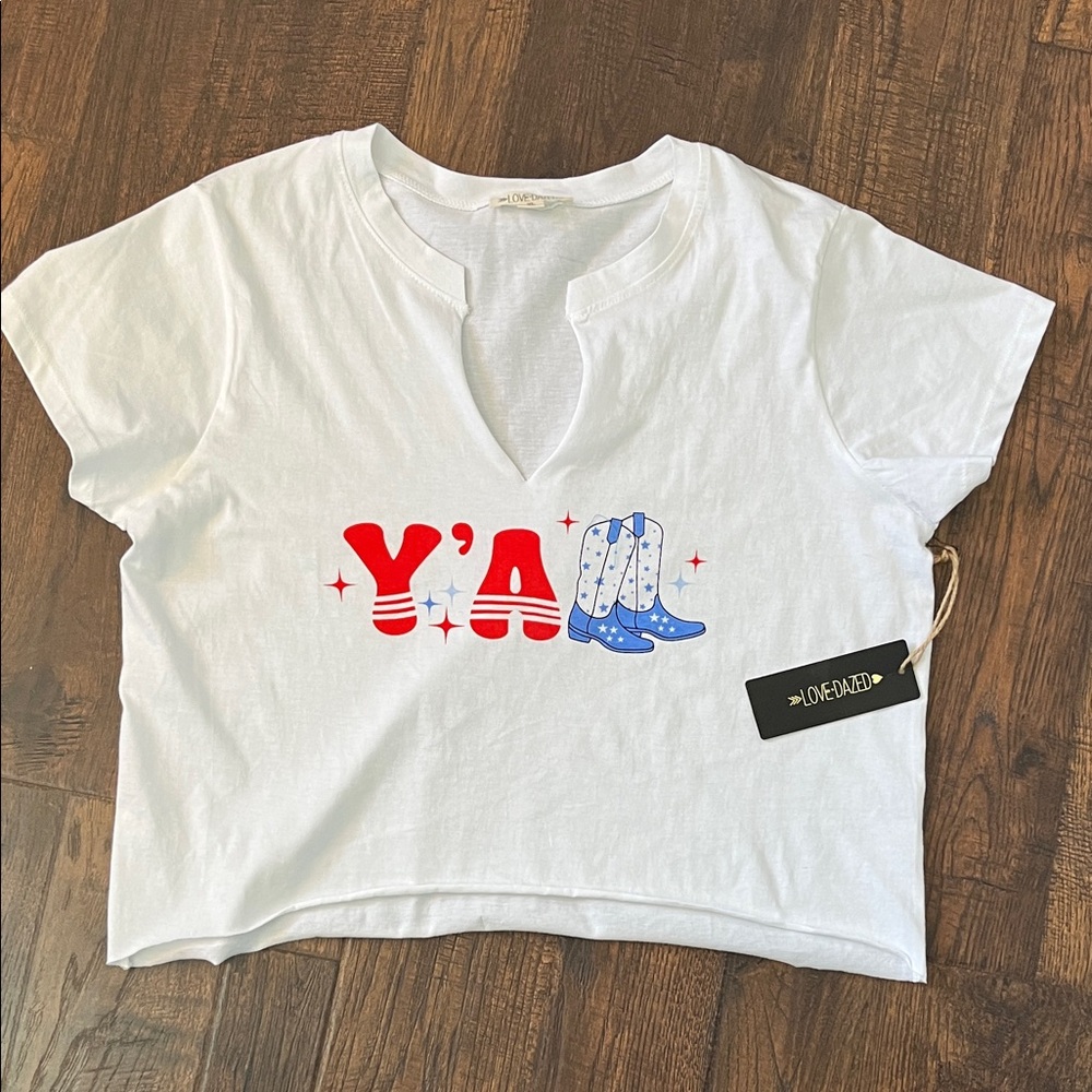 Loved Dazed White Short Sleeve Cropped T-Shirt with Graphic Boots Print Size XL